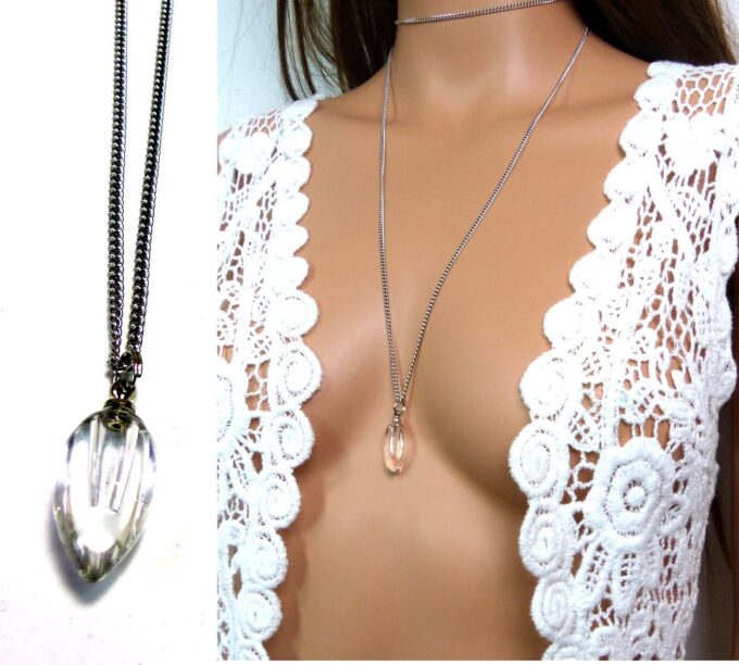 N4894d Collier fiole de parfum en verre goutte blanche