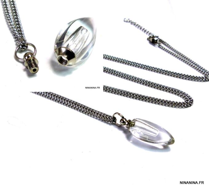 N4894e Collier fiole de parfum en verre goutte blanche