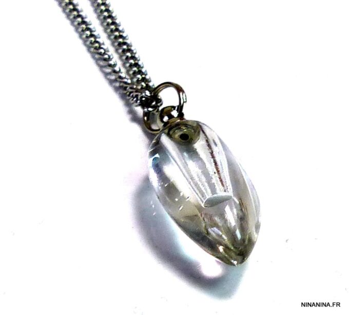 N4894f Collier fiole de parfum en verre goutte blanche