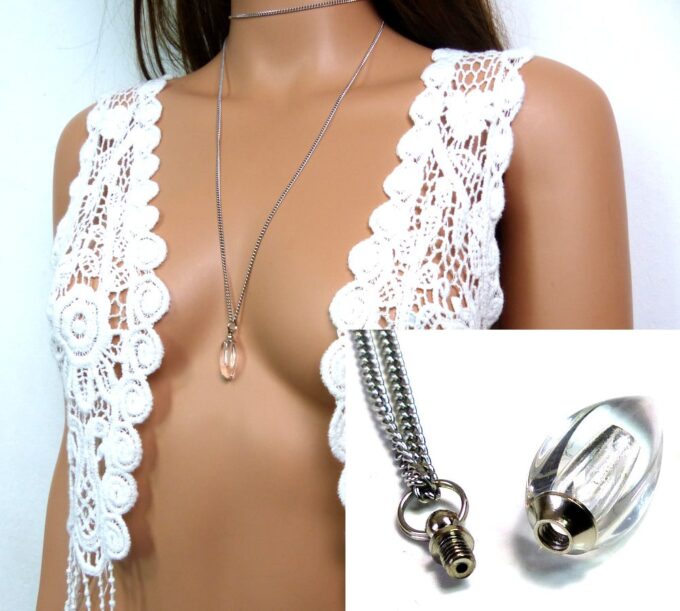 N4894g Collier fiole de parfum en verre goutte blanche