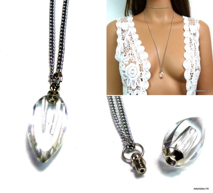 N4894j Collier fiole de parfum en verre goutte blanche
