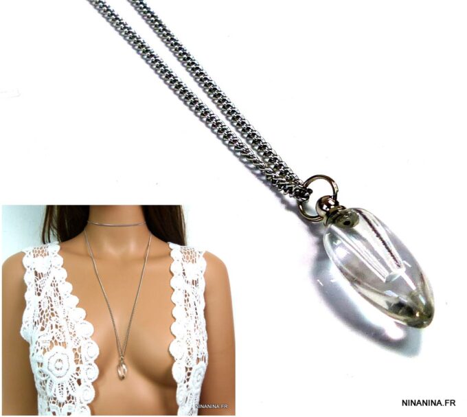 N4894k Collier fiole de parfum en verre goutte blanche