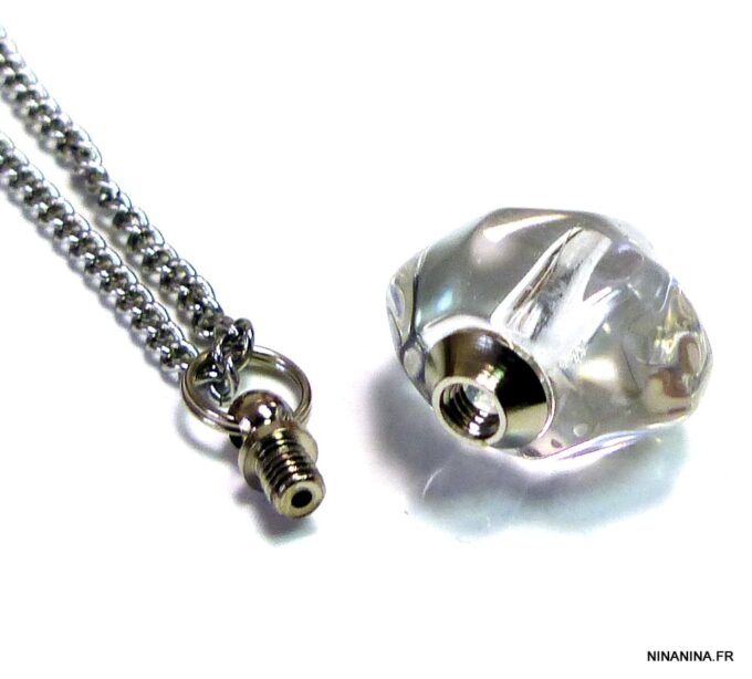 N4895c Collier fiole de parfum en verre coeur blanc