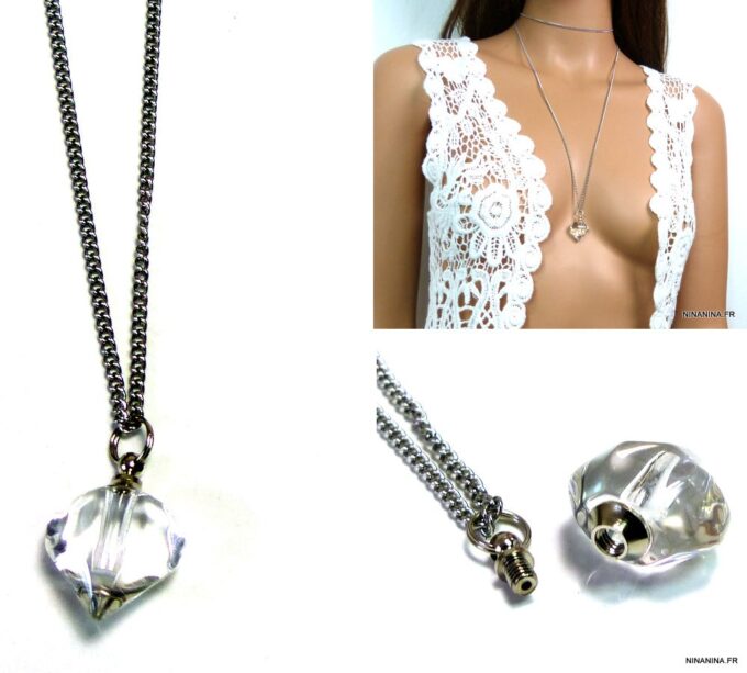 N4895e Collier fiole de parfum en verre coeur blanc