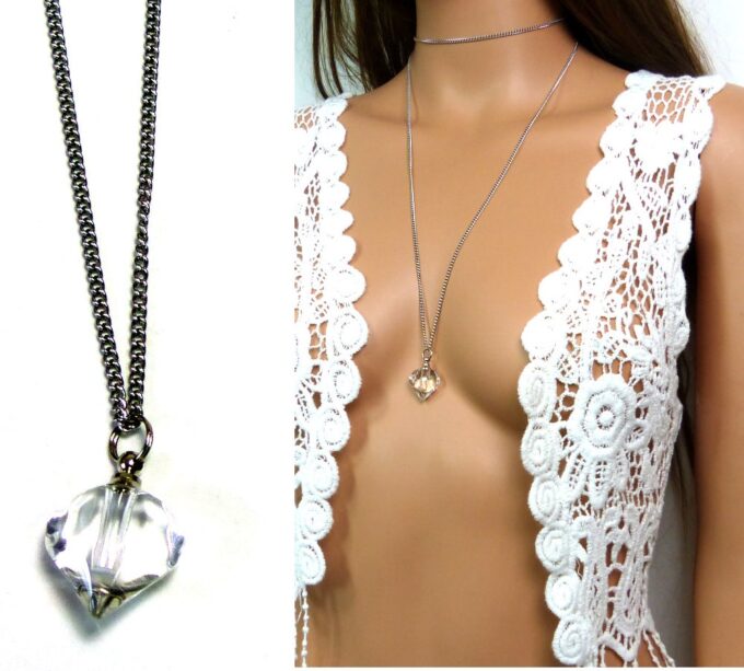 N4895f Collier fiole de parfum en verre coeur blanc
