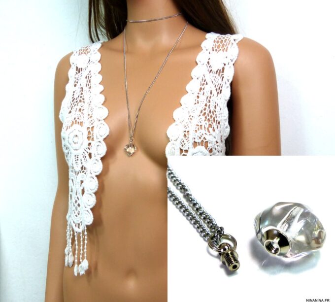 N4895i Collier fiole de parfum en verre coeur blanc