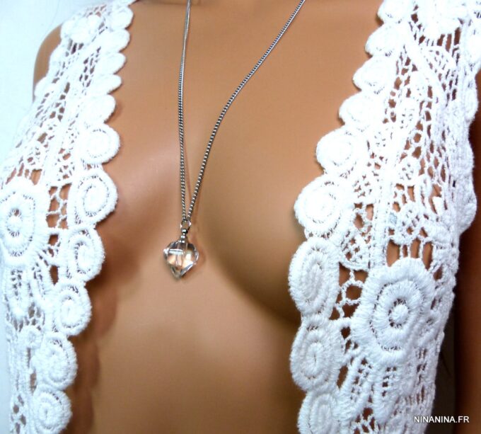 N4895j Collier fiole de parfum en verre coeur blanc