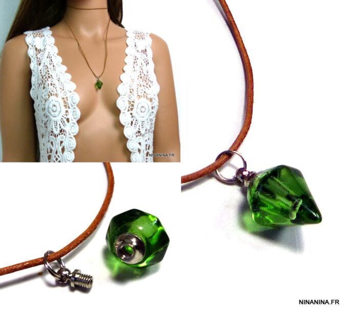 N4900 collier cordon cuir fiole parfum diamant vert