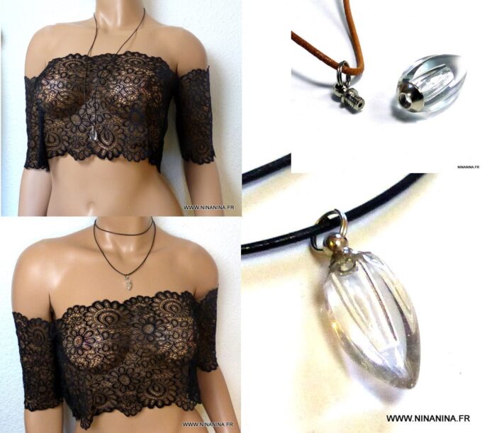 N4902 Collier femme cordon cuir facon de parfum goutte verre NINANINA