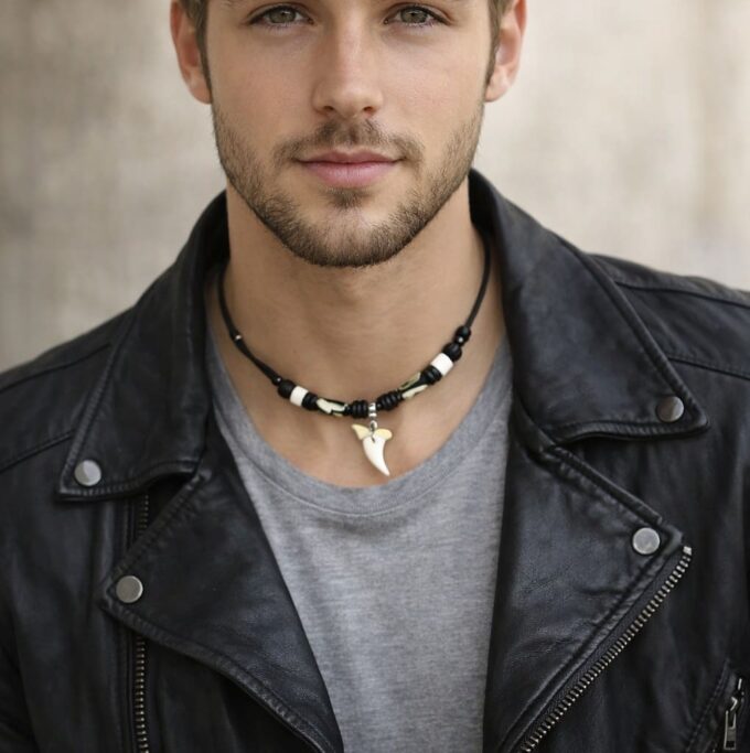 N4904b Collier dent de requin véritable pour homme fait main en France avec perles blanches et noires - Bijoux colliers ethniques en ligne Ninanina