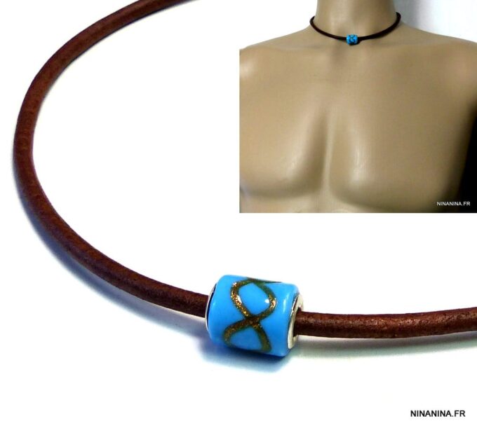 N4910a collier cordon cuir perle murano turquoise