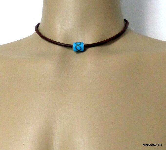 N4910c collier cordon cuir perle murano turquoise
