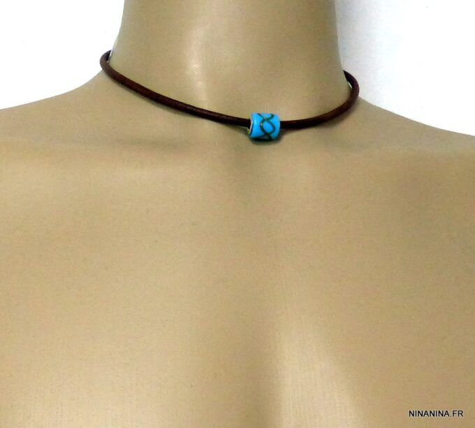 N4910d collier cordon cuir perle murano turquoise