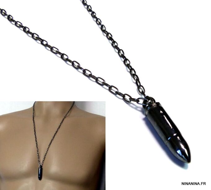 N4916 collier homme balle revolver noire acier inoxydable