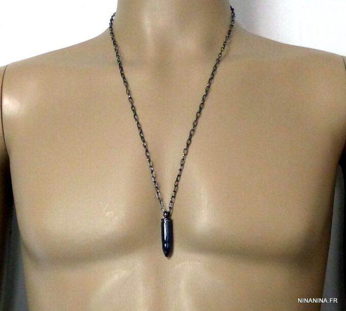 N4916a collier homme balle revolver noire acier inoxydable