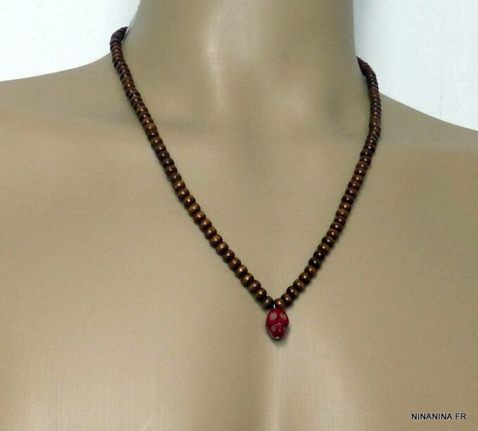 N4920c collier homme perles bois tête de mort rouge