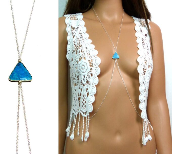 N4921 chaine de corps argent massif et triangle turquoise