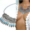 N4922 collier plastron métal argent et turquoise