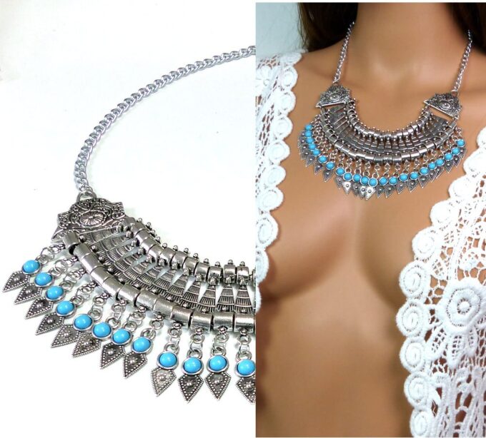 N4922 collier plastron métal argent et turquoise