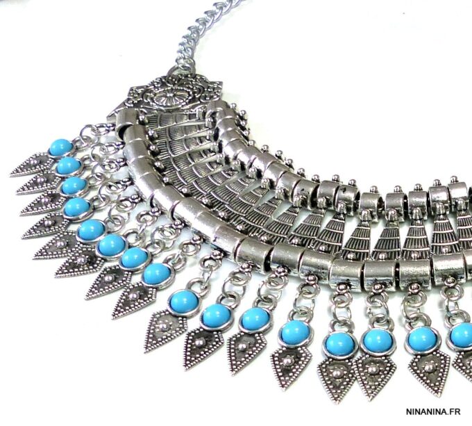 N4922a collier plastron métal argent et turquoise