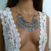 N4922b collier plastron métal argent et turquoise