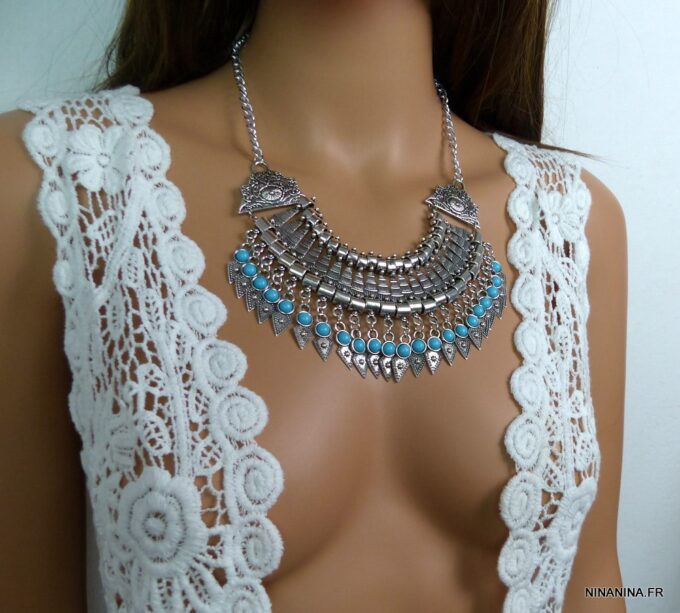N4922b collier plastron métal argent et turquoise