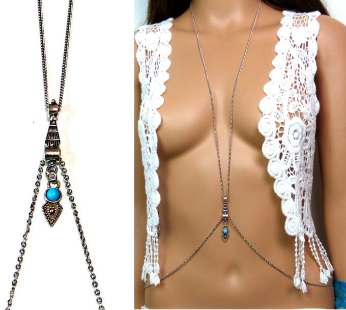 N4923 chaine de corps acier inoxydable et flèche turquoise