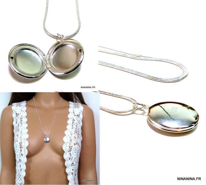 N4927 collier médaille porte-photo plaqué argent