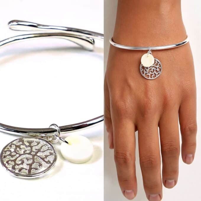 N4929 Bracelet Jonc Ouvert en Plaqué Argent avec Pendentif Rond et Nacre Blanche - Bijoux Bracelets joncs en ligne Ninanina