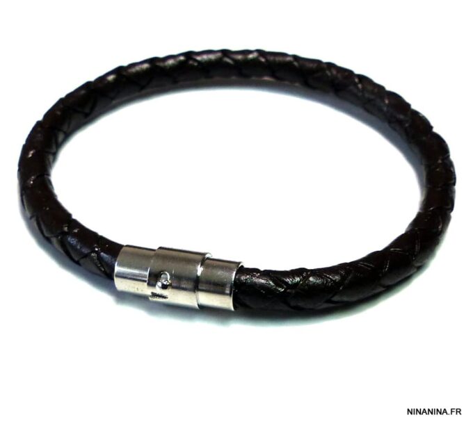 N4930 bracelet cordon cuir tressé fermoir aimanté acier inoxydable