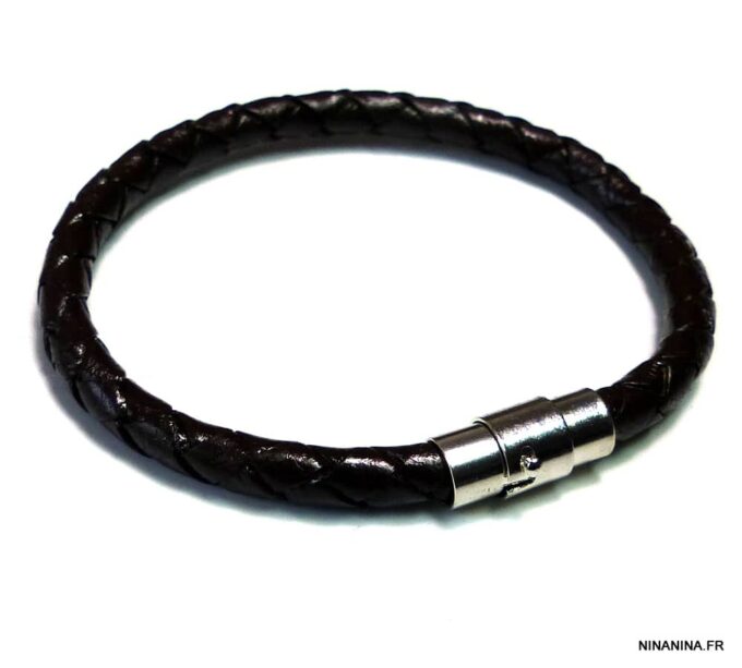 N4930a bracelet cordon cuir tressé fermoir aimanté acier inoxydable