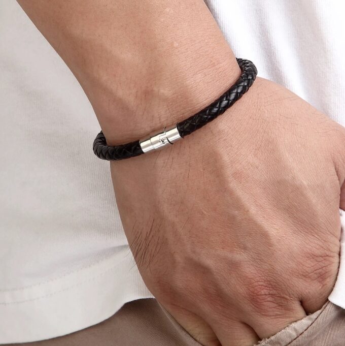 N4930a Bracelet cuir tressé homme fermoir acier aimanté - Bijoux Bracelets en ligne Ninanina