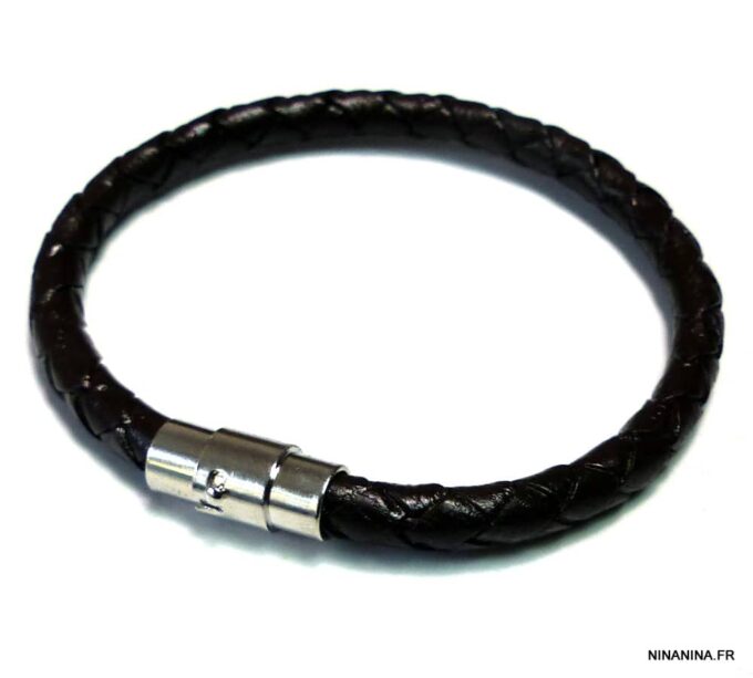 N4930b bracelet cordon cuir tressé fermoir aimanté acier inoxydable