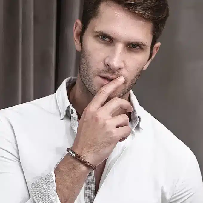 N4930D Bracelet cuir tressé homme fermoir acier aimanté - Bijoux Bracelets en ligne Ninanina