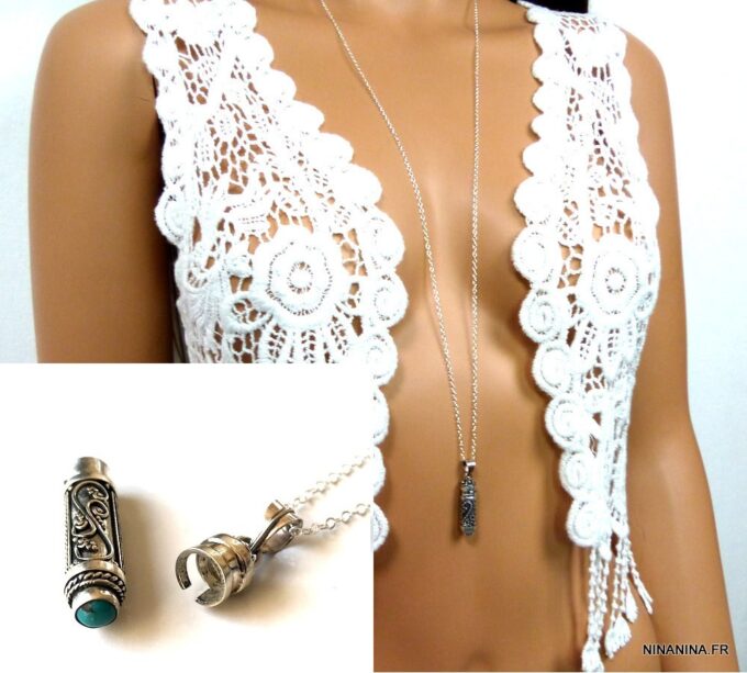 N4947e Sautoir parfum - Collier flacon parfumeur Argent 925 - Bijoux Colliers en ligne Ninanina