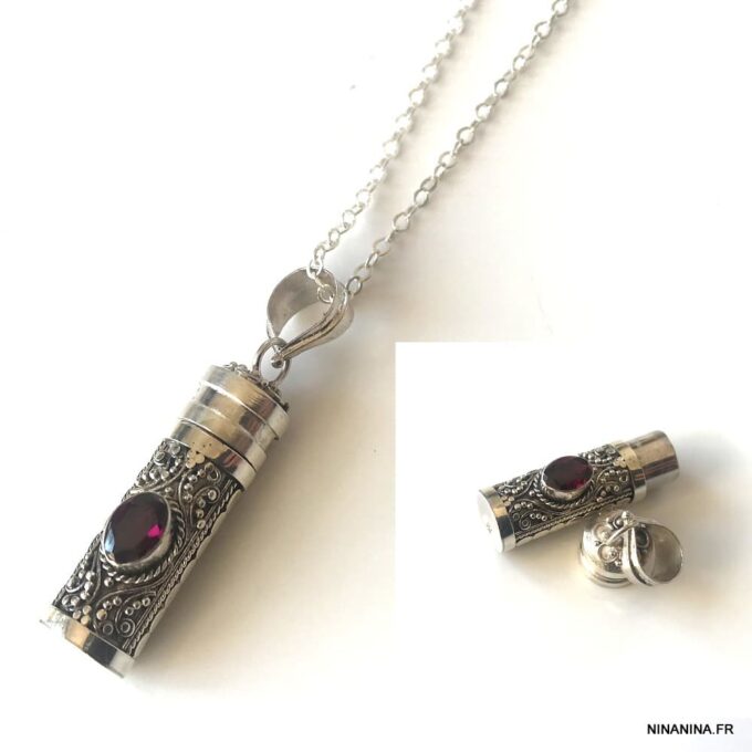 N4956b Pendentif parfum Argent 925 Et Grenat rouge - Bijoux Colliers en ligne Ninanina