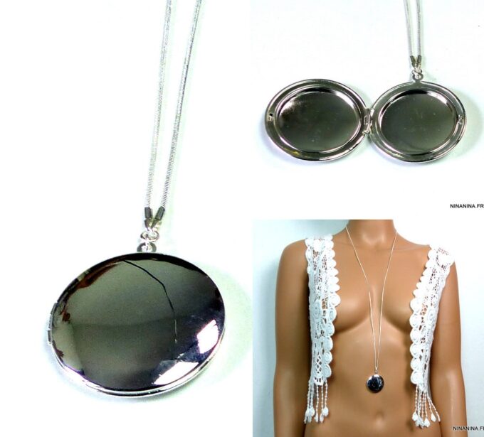 N4965 collier long porte-photo médaillon plaqué argent