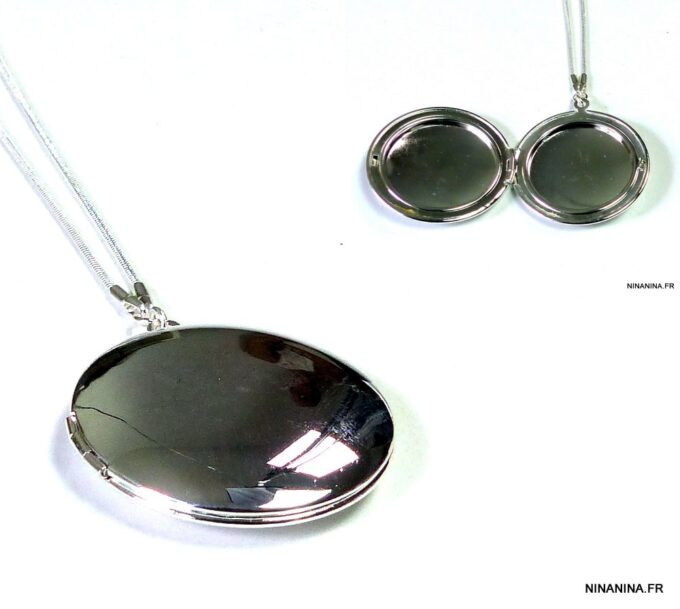 N4965a collier long porte-photo médaillon plaqué argent
