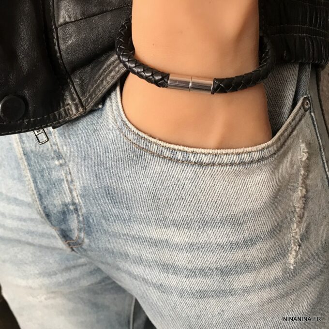 N4970a Bracelet cuir tressé homme luxe fermoir Argent 925 - Bijoux Bracelets en ligne Ninanina