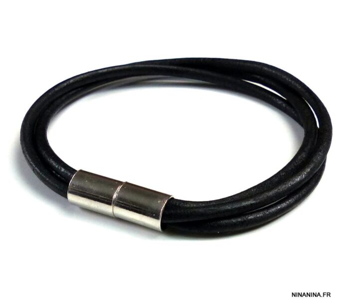N4971 bracelet cuir 3 rangs fermoir argent massif aimanté