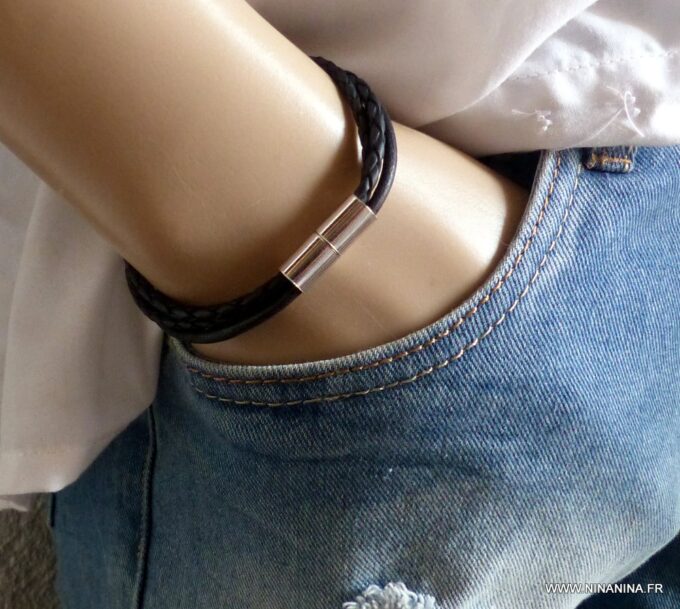 N4971 Bracelet homme cuir fermoir aimanté argent massif -Bijoux en ligne NINANINA