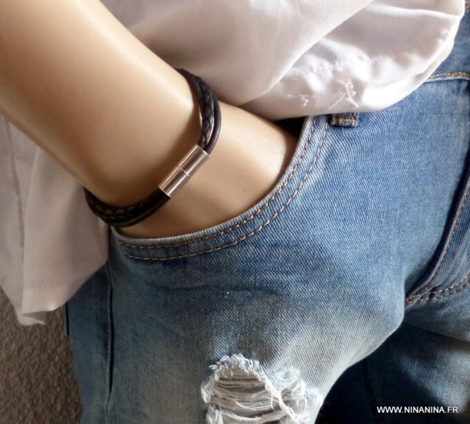 N4971C Bracelet homme cuir fermoir aimanté argent massif -Bijoux en ligne NINANINA