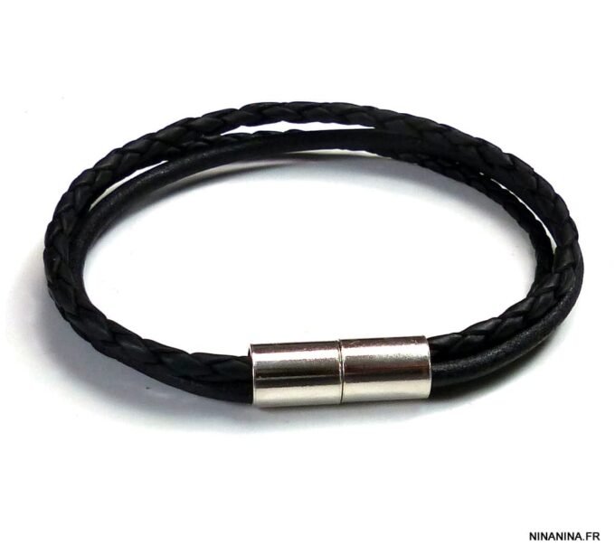 N4972 bracelet cuir 3 rangs fermoir argent massif aimanté