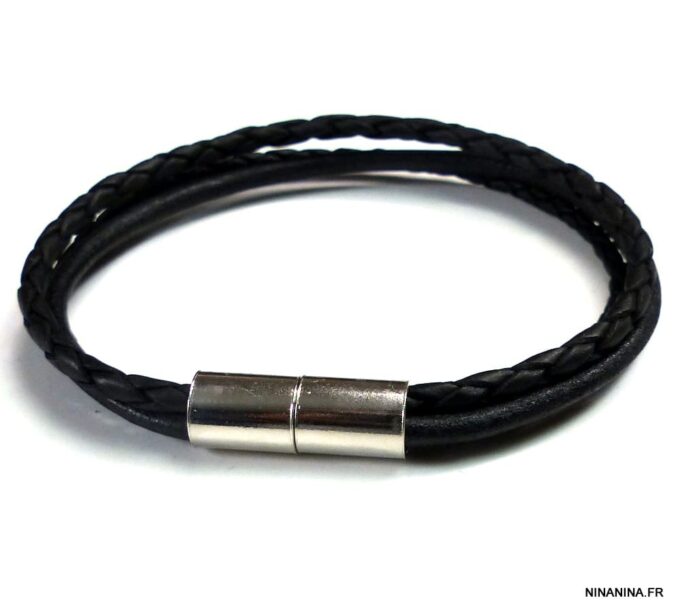 N4972a bracelet cuir 3 rangs fermoir argent massif aimanté