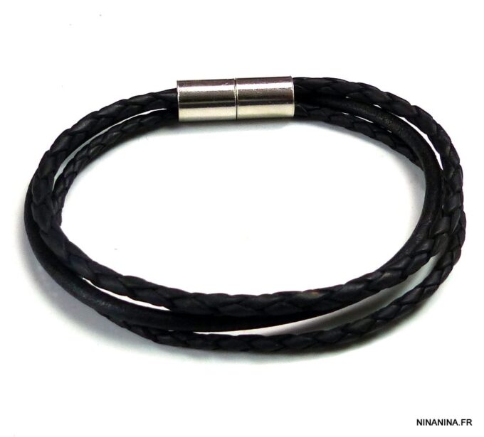 N4972b bracelet cuir 3 rangs fermoir argent massif aimanté