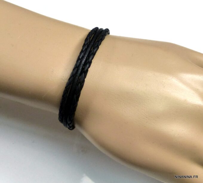 N4972f bracelet cuir 3 rangs fermoir argent massif aimanté