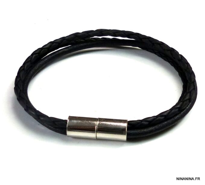 N4972g bracelet cuir 3 rangs fermoir argent massif aimanté