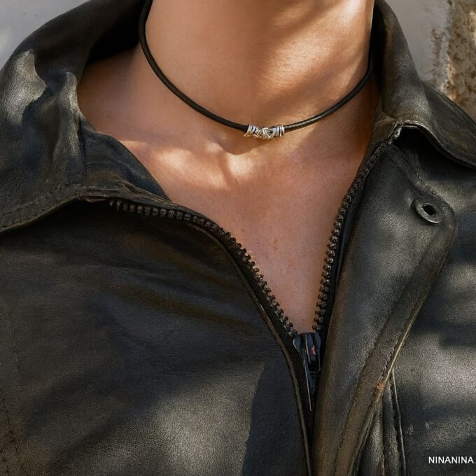 N4973a Collier cordon cuir artisanal - perle tube argent 925 massif filigranée - Bijoux Colliers cordons en ligne Ninanina