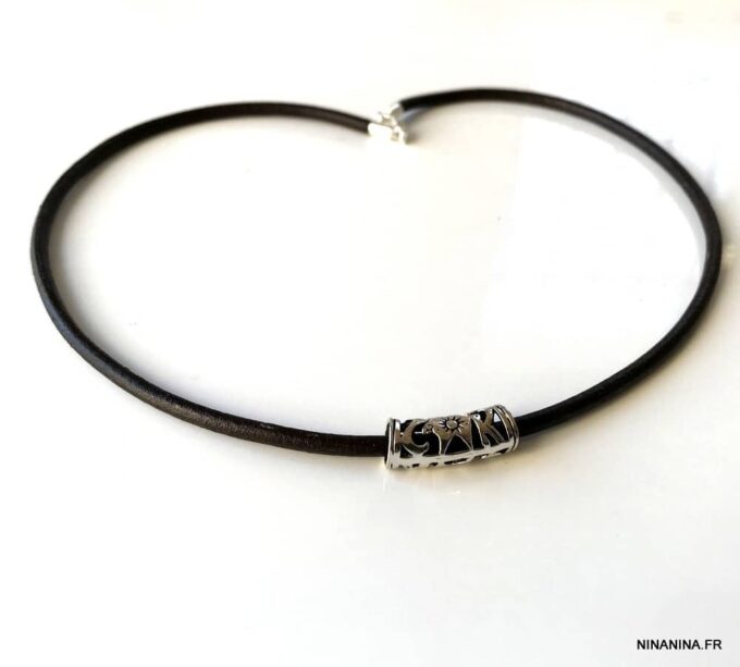 N4973b Collier homme cuir et argent 925 perle tube ciselée - Bijoux Colliers en ligne Ninanina