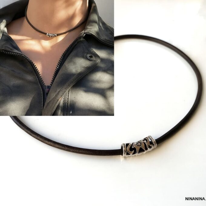 N4973c Collier cordon cuir artisanal - perle tube argent 925 massif filigranée - Bijoux Colliers cordons en ligne Ninanina